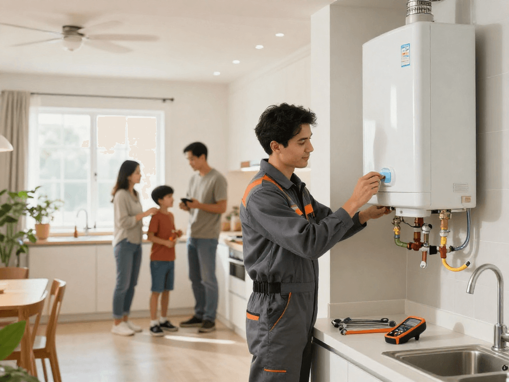 Professional technician providing direct water heater repair Fort Worth service in a clean kitchen, ensuring homeowner satisfaction.