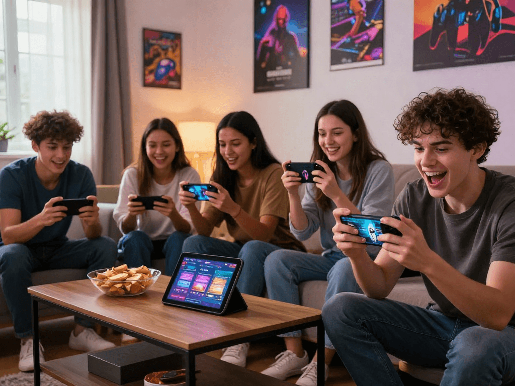 Engaged gamers enjoying mobile porn game in a lively living room