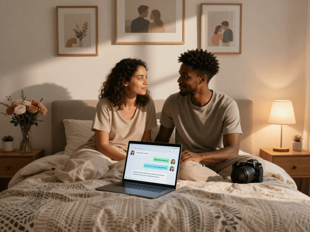 Couple using sex AI technology in a cozy bedroom for intimate conversations