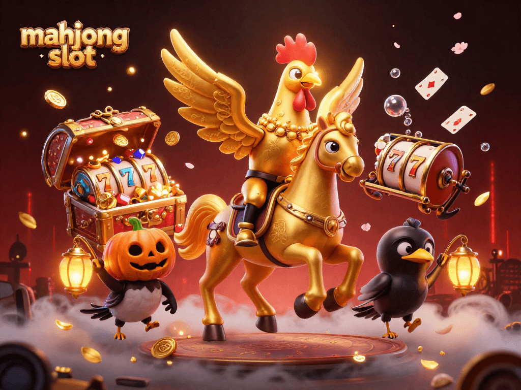 Engage in mahjong slot gameplay with golden rooster, lanterns, and spinning slot reels.