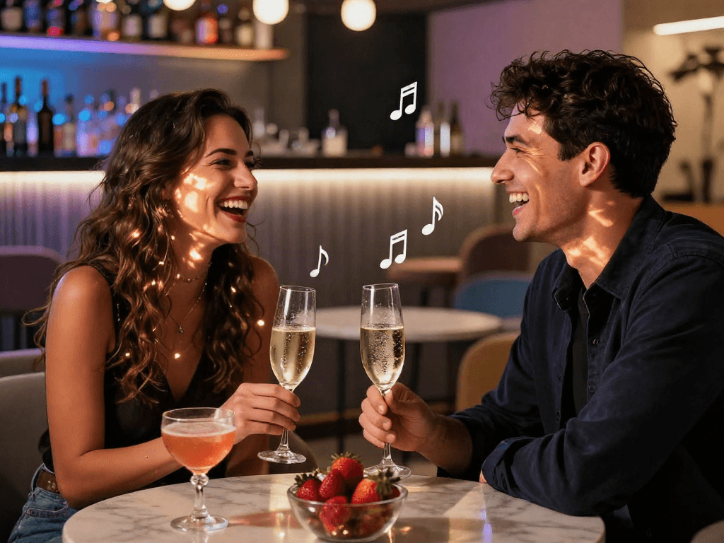 Couple enjoying a romantic night with sex ai elements in a modern lounge.