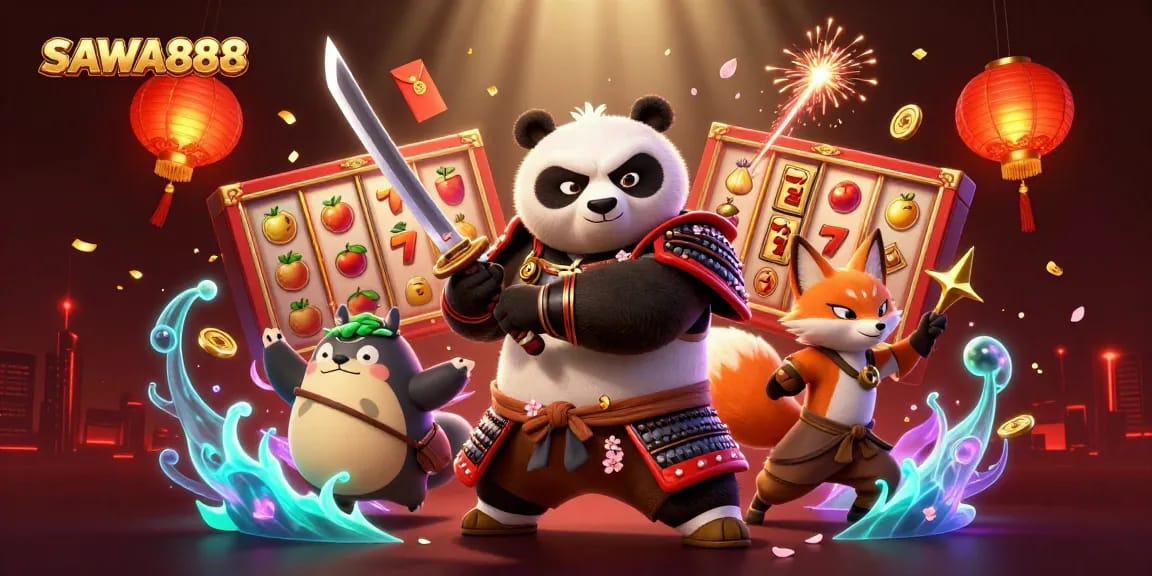 Experience slots with SAWA888, featuring a samurai panda and fox amidst vibrant, lucky symbols.