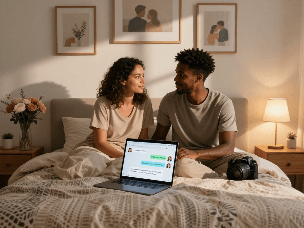 Couple using sex AI technology in a cozy bedroom for intimate conversations