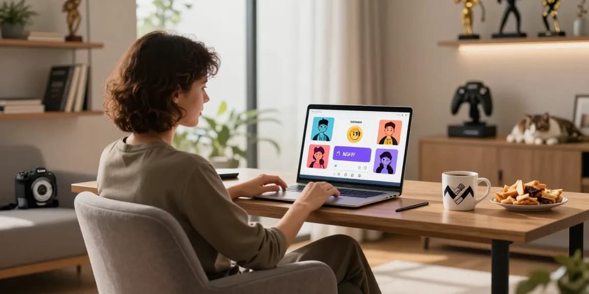 Person enjoying ai nsfw chat on a laptop in a cozy home office with colorful character avatars.