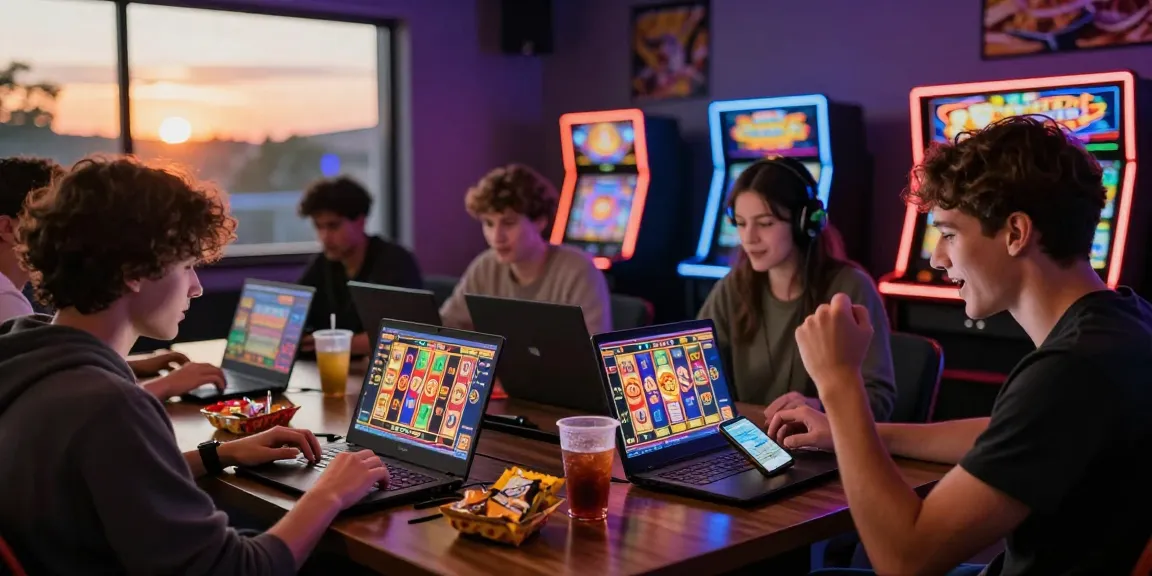 Friends enjoying online slot games with CICAKWIN on laptops and smartphones in a vibrant gaming atmosphere.