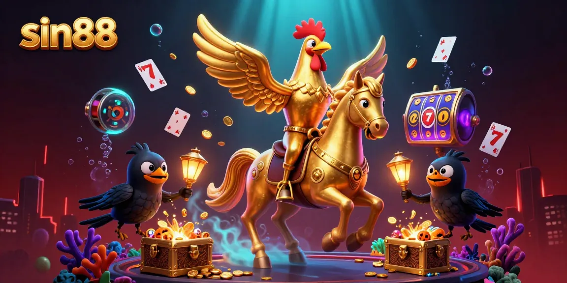 Sin88 showcases a thrilling casino scene with a golden rooster and glowing treasures, engaging players in excitement.