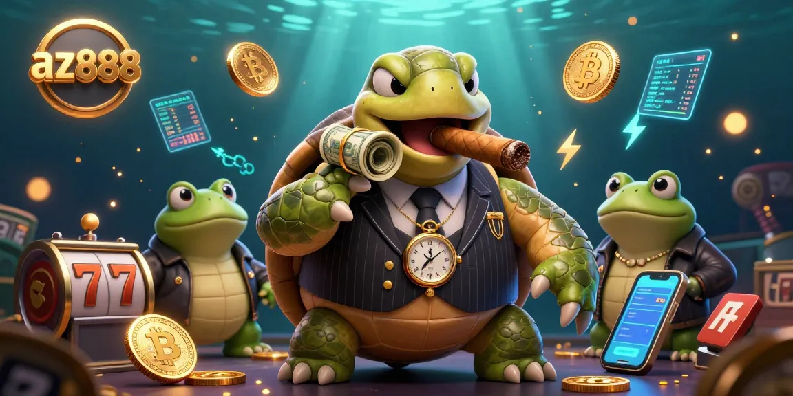 Engage with the az888 casino experience featuring a 3D turtle mobster with crypto coins.