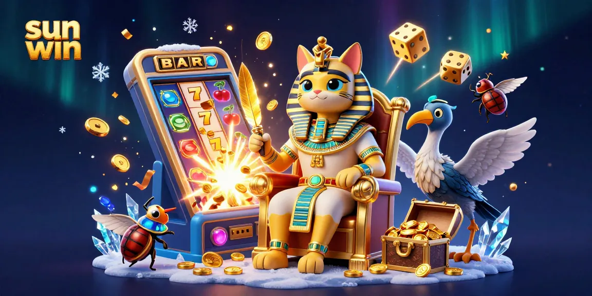 Sun win jackpot explosion with a pharaoh cat, slot machine, and coins overflowing.