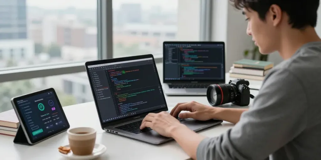 Developer utilizing instant indexing tools in a modern workspace.