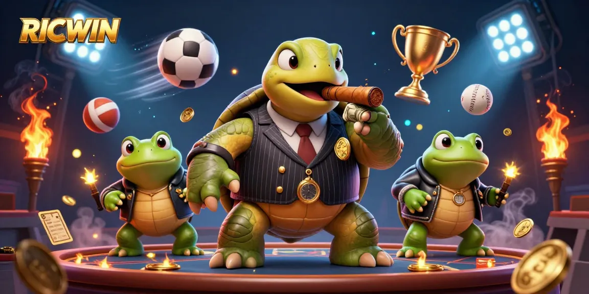 Experience RICWIN's vibrant casino scene with a dynamic turtle mobster and bullfrog enforcers.