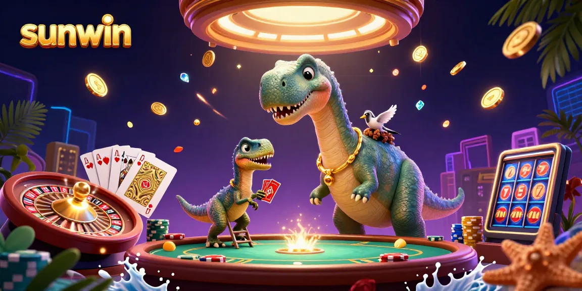 Engage with sunwin's winning strategies at the vibrant casino, featuring a playful dinosaur and thrilling elements.