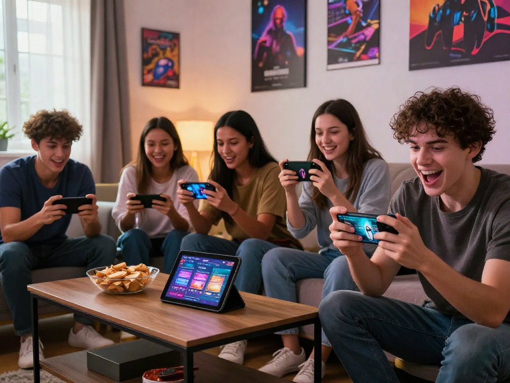 Engaged gamers enjoying mobile porn game in a lively living room