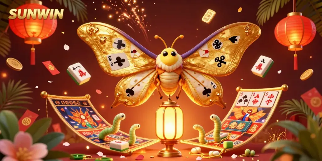 SUNWIN showcases thrilling 3D gaming with a cartoon moth and vibrant casino scenes.