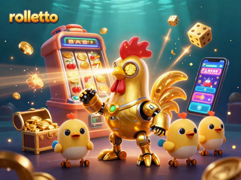Experience the vibrant rolletto excitement with a dynamic golden rooster robot and casino elements.