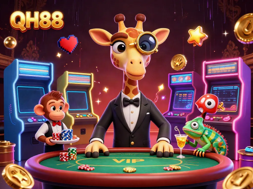 Engage with QH88's vibrant casino world through this dynamic illustration of characters reveling in games and excitement.