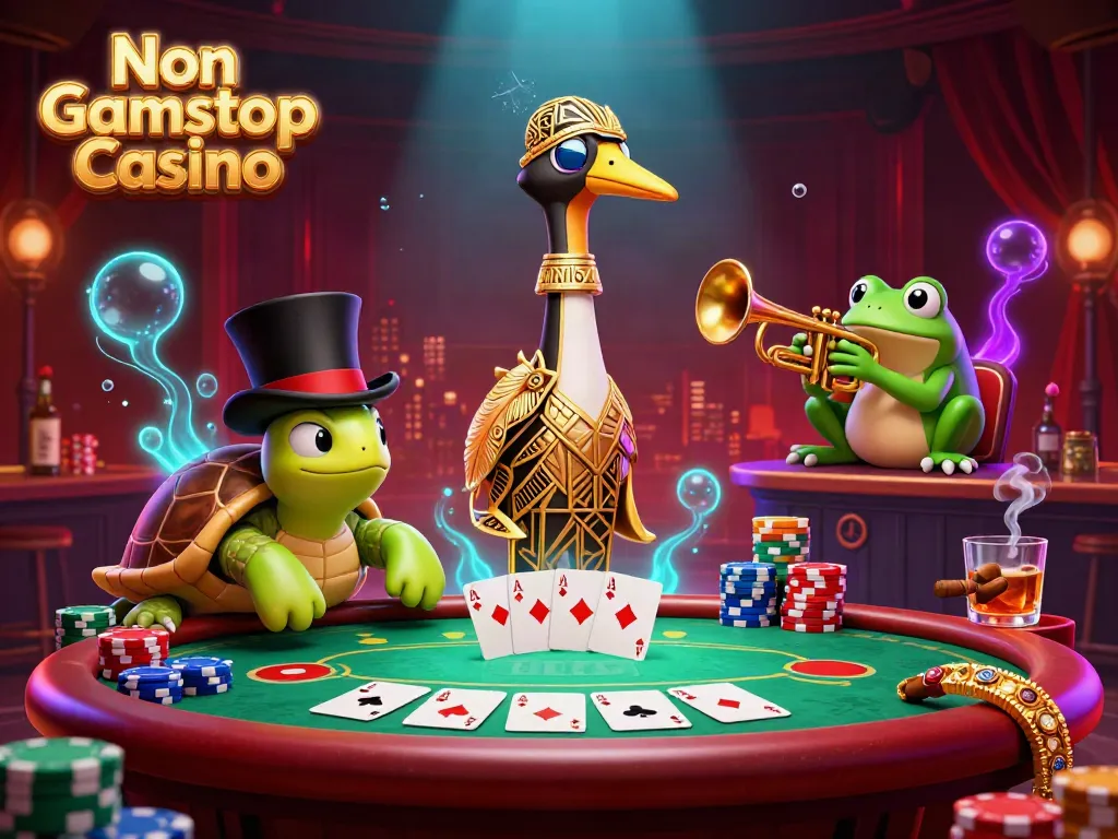 Experience the lively atmosphere of Non Gamstop Casino with a vibrant 3D scene featuring unique characters and poker elements.