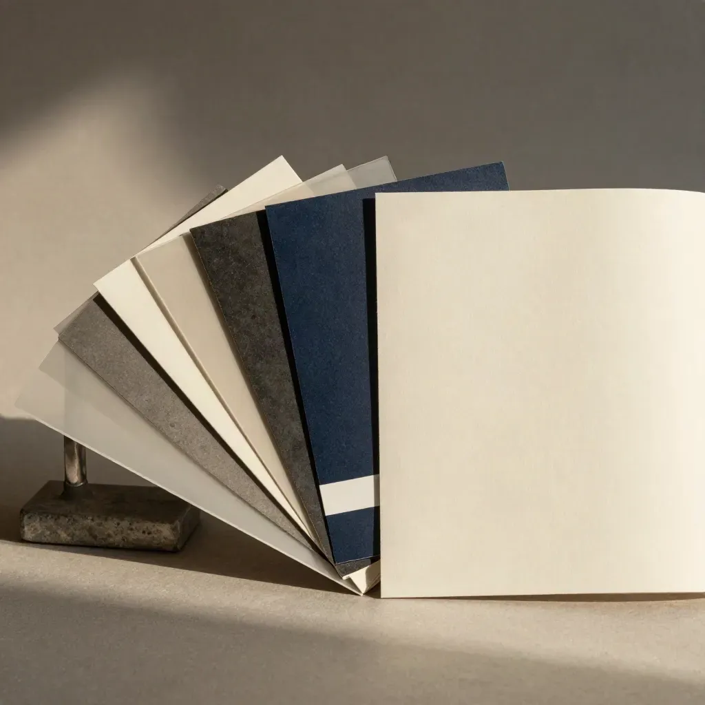 Brand strategy moodboards with acetate overlays and sample cards on a cream surface