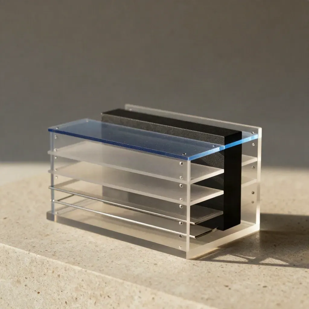 Frosted acrylic UX wireframes layered over travertine with a matte black prototype block and blue rim light