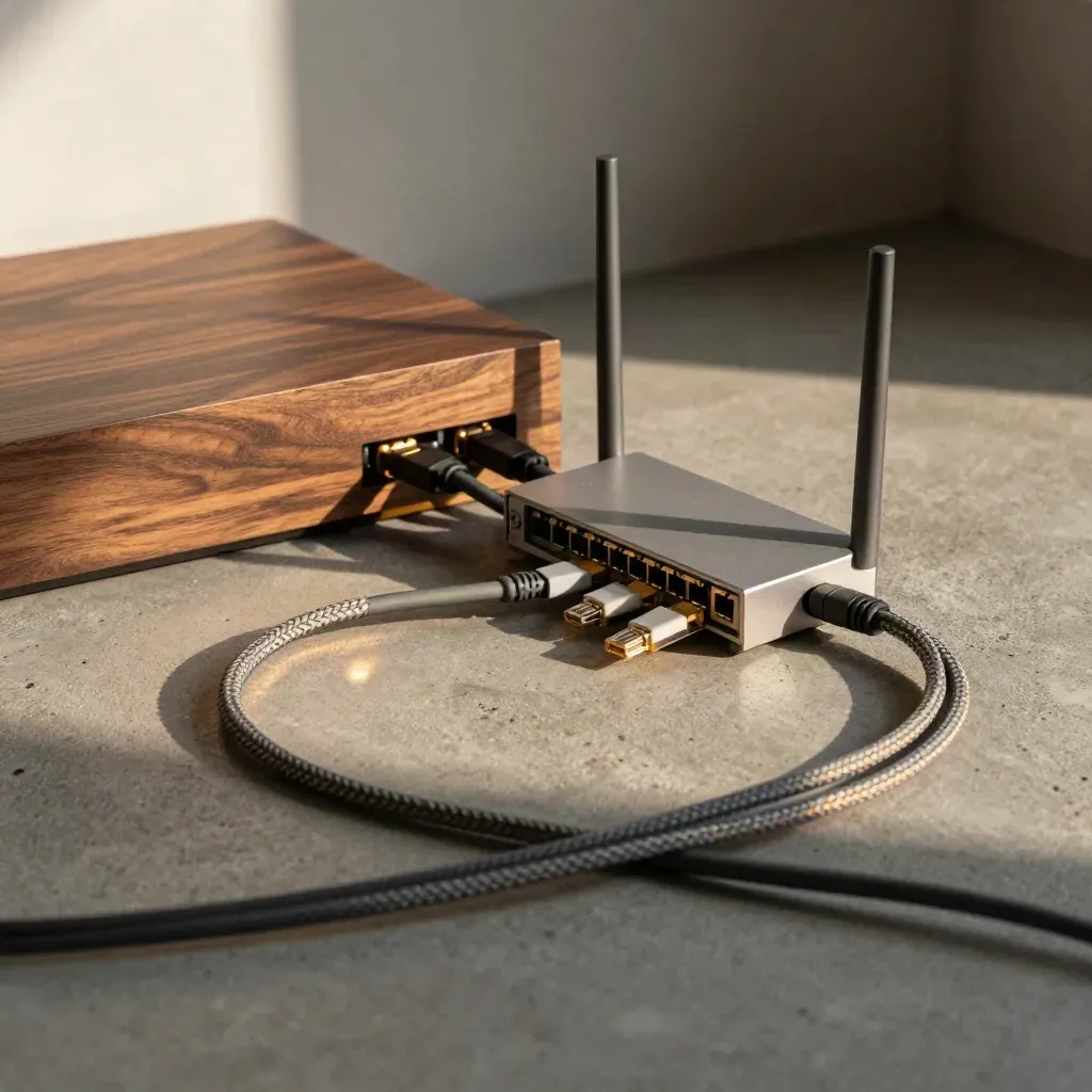 Floor-level view of network cabling, a router module and a brushed-metal patch unit in warm daylight.