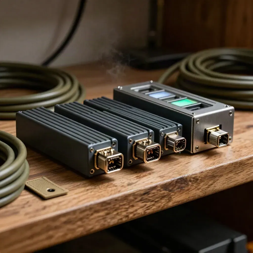 Macro of connected relay hardware and hub modules on a warm workshop shelf.