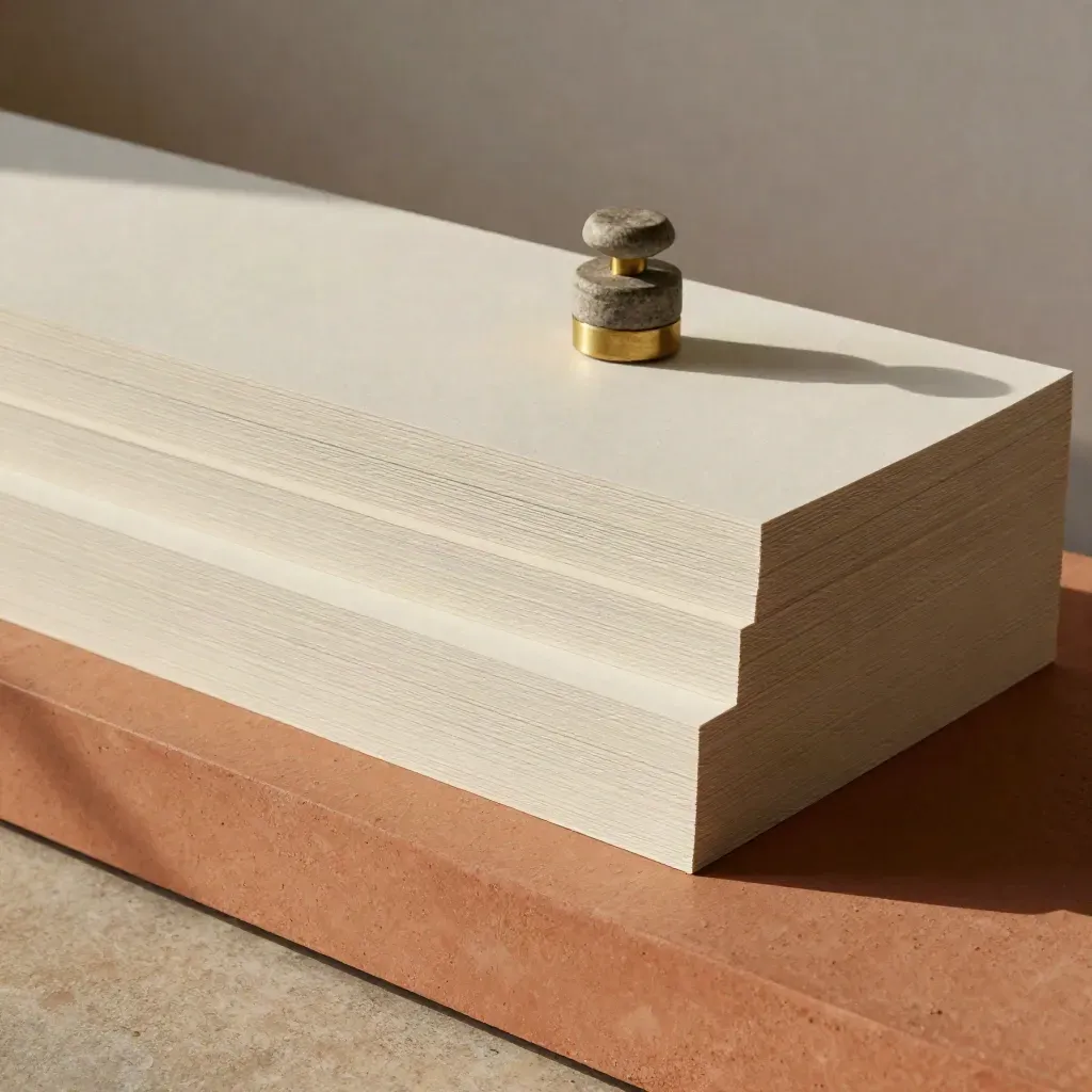 Stepped blank panels with a limestone weight and brass spacer on terracotta plaster.