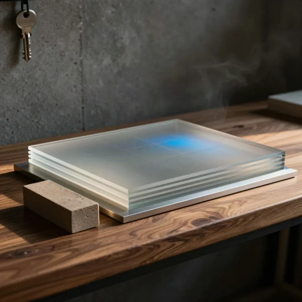 Frosted acrylic UI layers, grid tiles and clay prototype block on a walnut plinth.