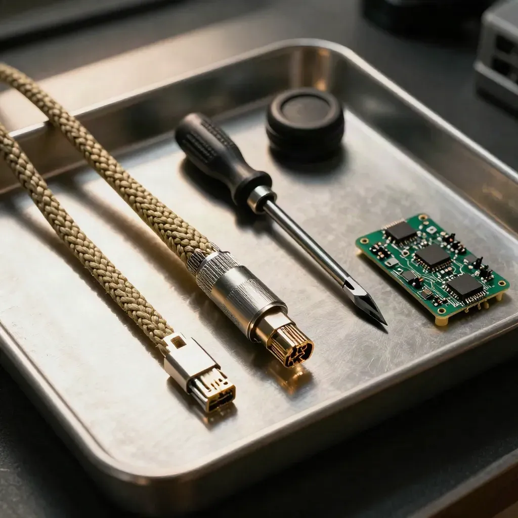 Braided ethernet lead, precision screwdrivers, and tiny circuit board on an electronics bench