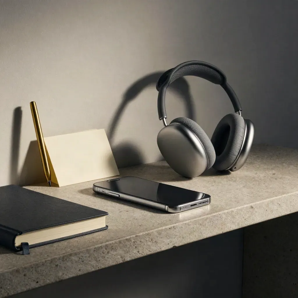 Face-down smartphone, headset, brass pen holder and closed notebook on a stone shelf.