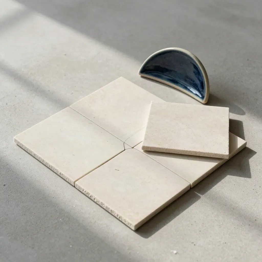 Overhead flatlay of scope-map tiles, folded board and ceramic divider on pale concrete.