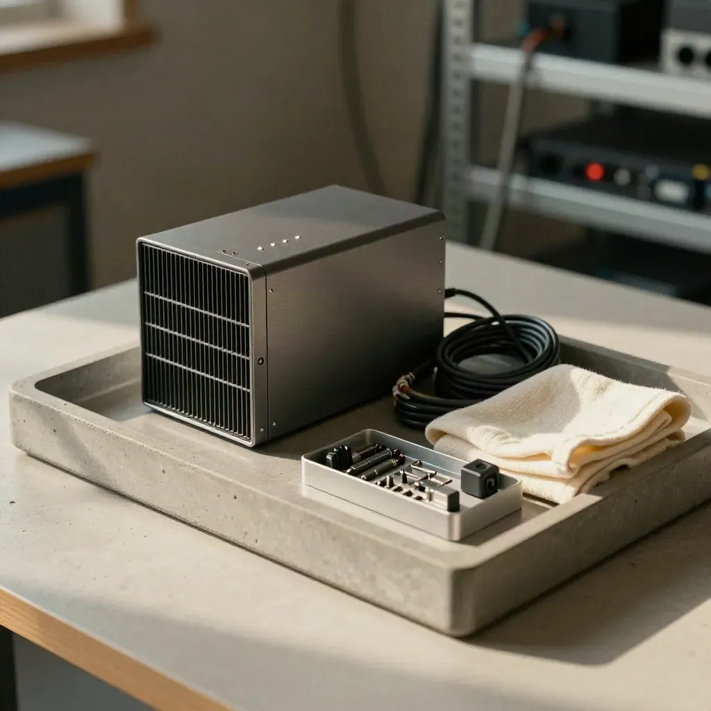 Compact server box, coiled diagnostic cable and toolkit tray on stone with soft side light.