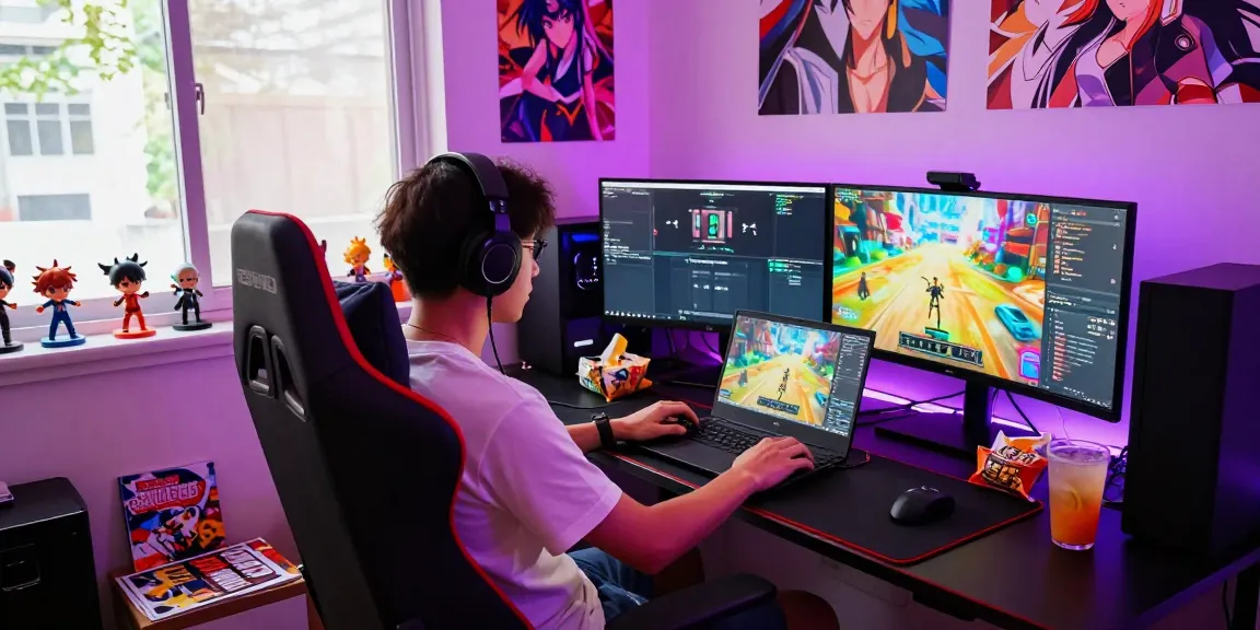 Engaging scene of a gamer immersed in a hentai game with vibrant anime decor.