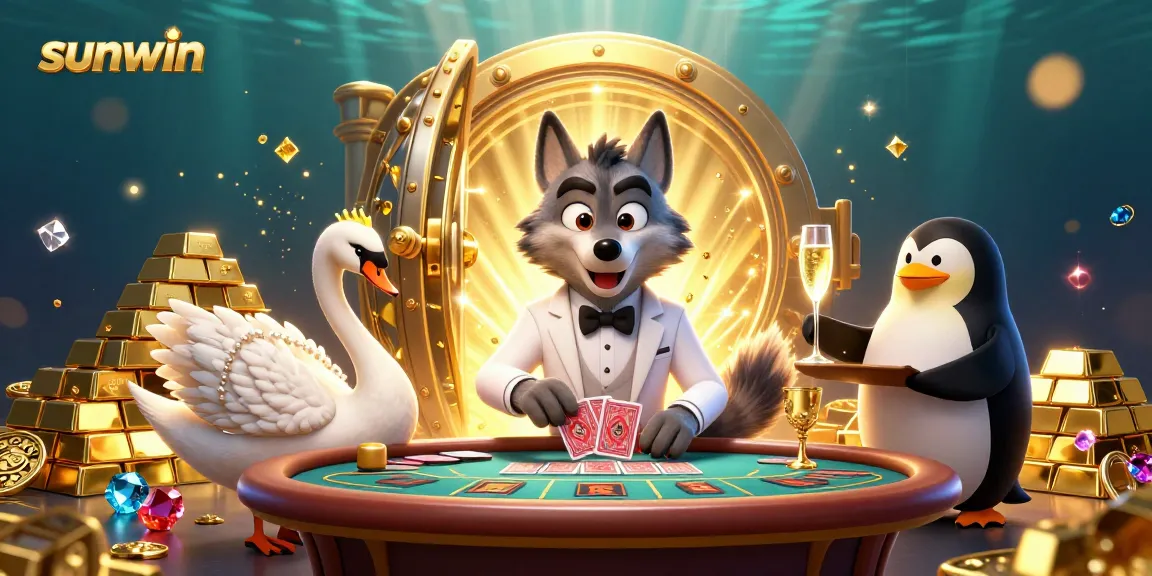 Experience the thrill of sunwin gaming with vibrant characters at the baccarat table, sparkling treasures, and dynamic casino action.