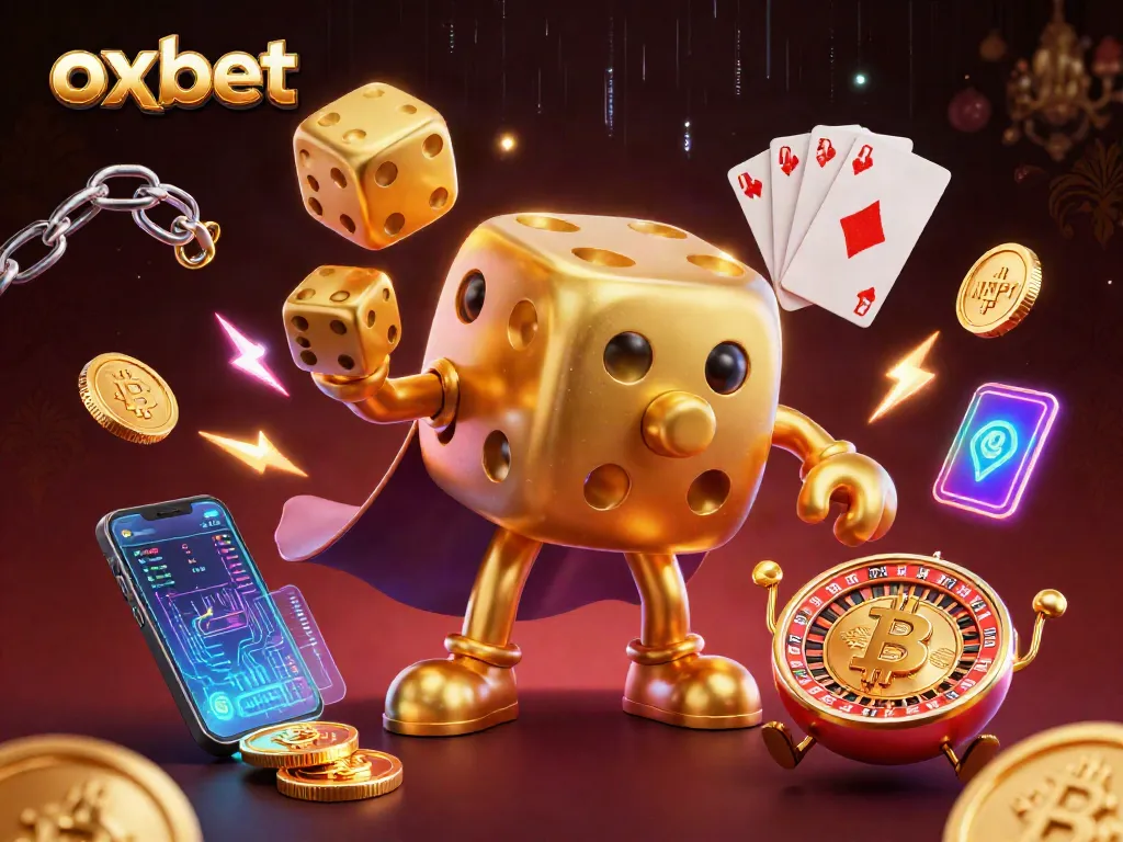 Engage with oxbet as golden dice and crypto coins fill a vibrant casino scene.