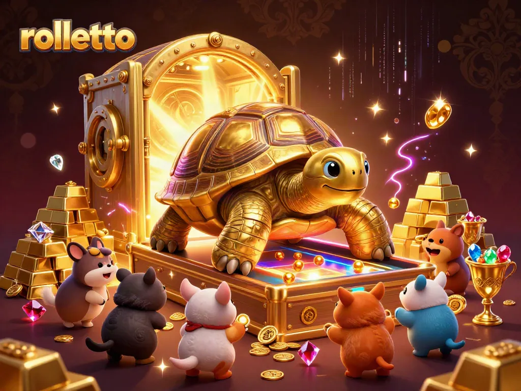Experience excitement at Rolletto Casino with a lively 3D illustration of a golden tortoise pinball machine.