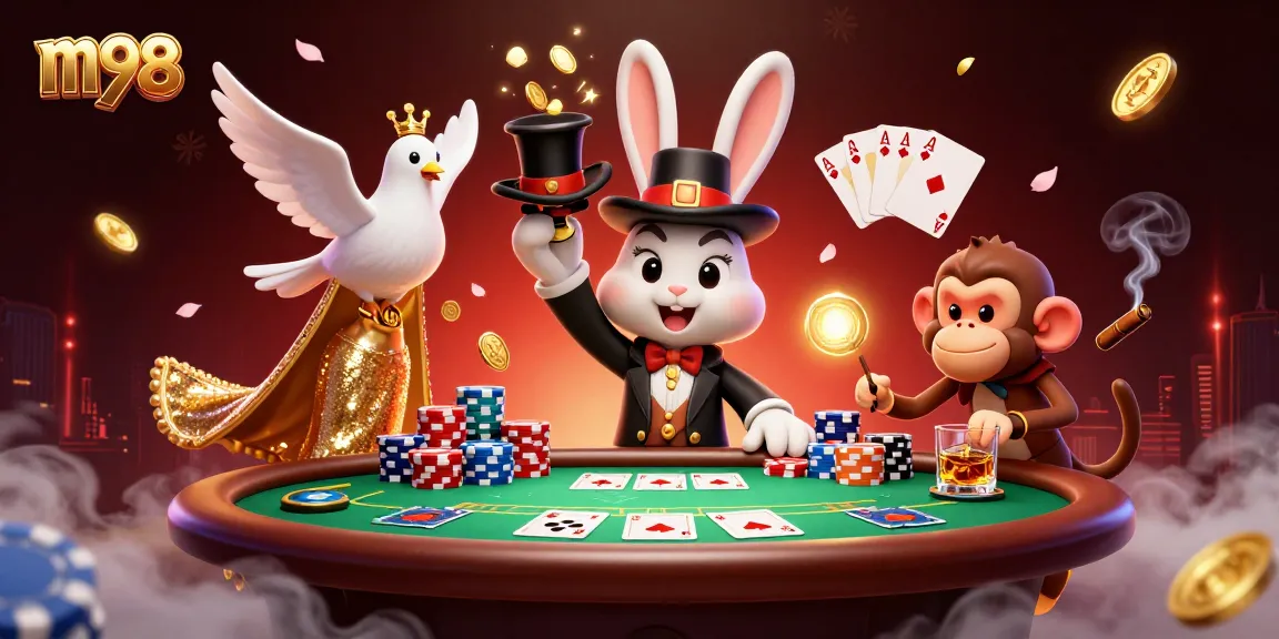 Engage with m98's magical casino experience featuring games, poker chips, and flashy characters.