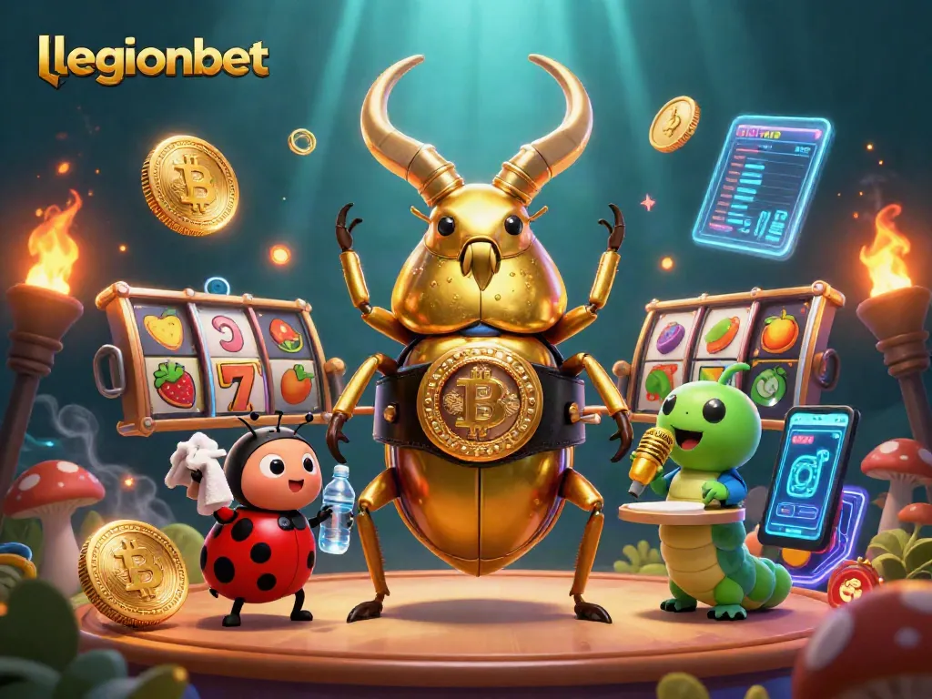 Experience thrilling gameplay at legionbet, featuring a giant beetle boxer amidst vibrant slot reel symbols.