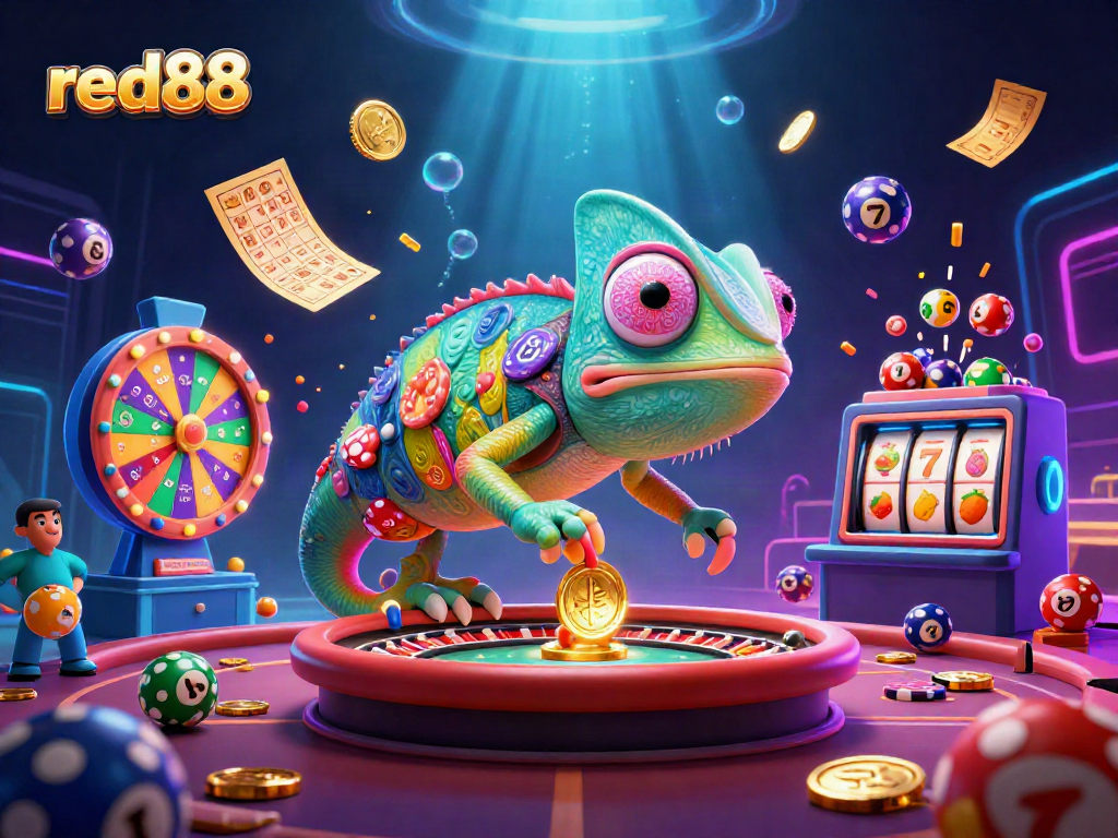 Experience excitement at red88 with a vibrant casino-themed illustration showcasing dynamic gambling elements.
