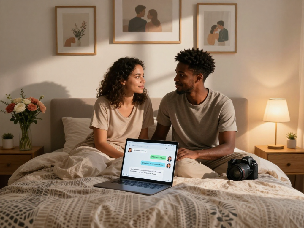 Couple using sex AI technology in a cozy bedroom for intimate conversations