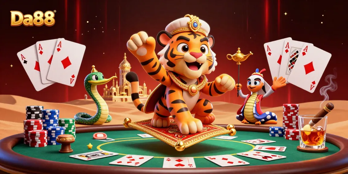 Experience thrilling gameplay at Da88 with our vibrant 3D casino scene featuring poker elements and a magical atmosphere.