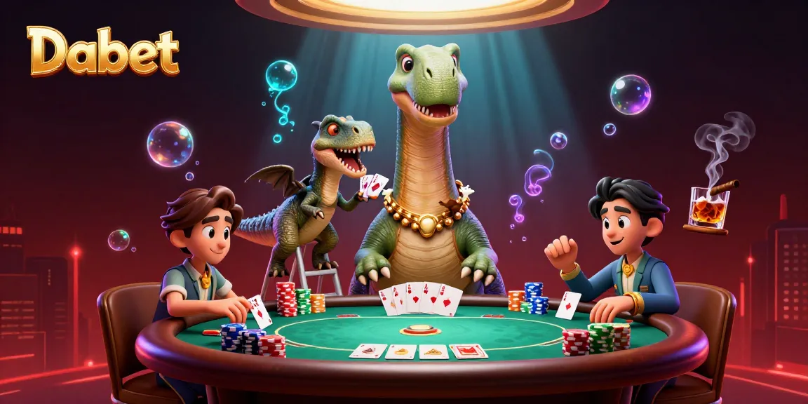 Dabet's engaging poker showdown with a towering brontosaurus dealer and vibrant casino elements.