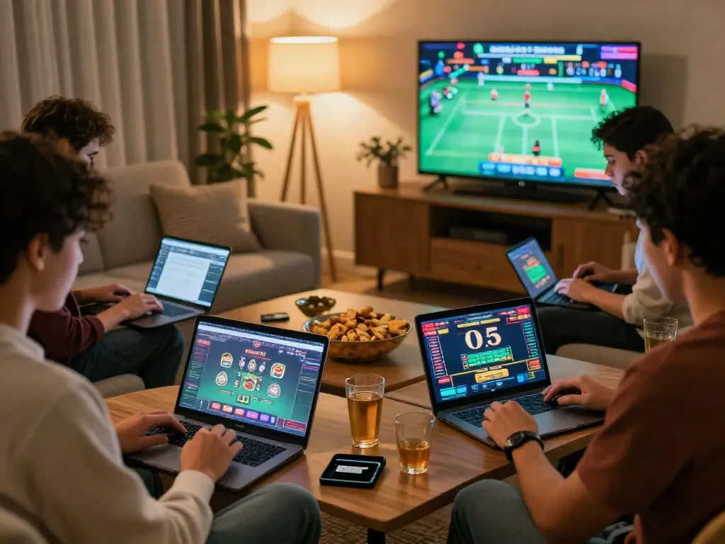 Exciting gaming scene at home involving credit card casinos UK with friends enjoying online betting on laptops and tablets.