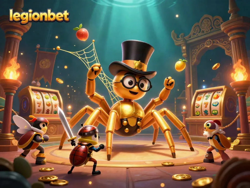 Experience thrilling gaming at legionbet with a 3D scene of a golden tarantula and beetle knight.