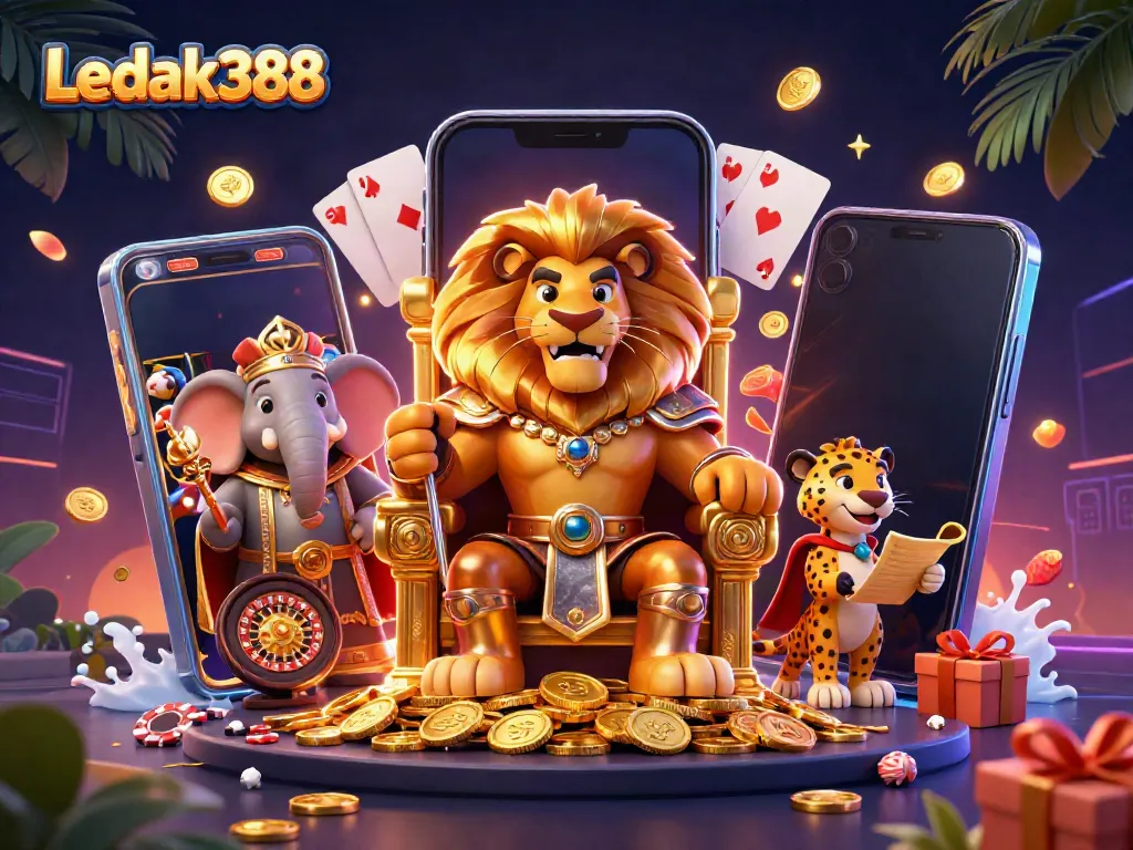 Experience the thrill of gaming at Ledak388 with dynamic characters and vibrant casino elements.