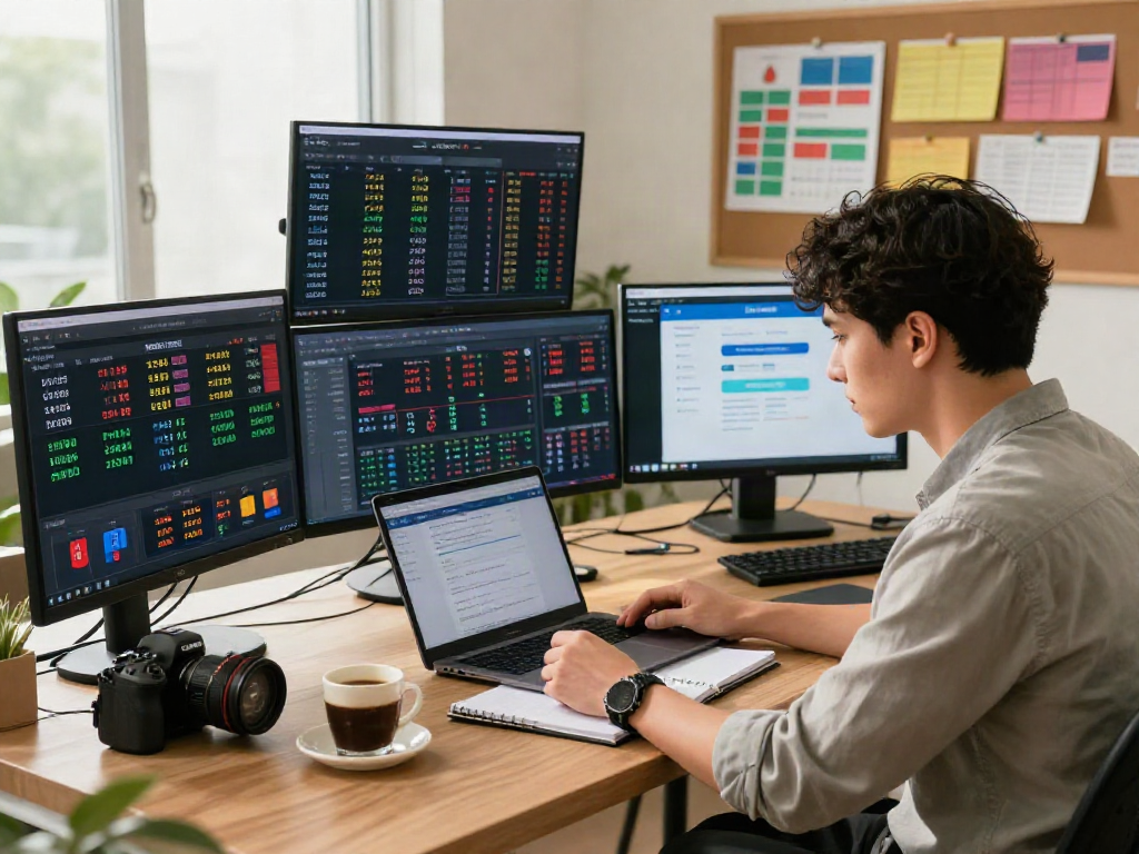 Expert analyzing 토토사이트 검증 먹튀스팟 on multiple screens in a modern office
