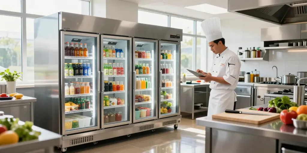 Commercial refrigeration units in a modern kitchen showcasing organized food items, emphasizing efficiency and freshness.