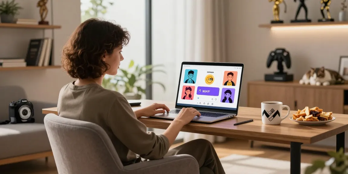 Person enjoying ai nsfw chat on a laptop in a cozy home office with colorful character avatars.