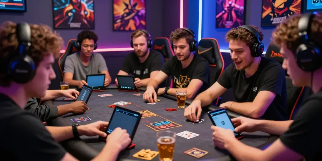 Players enjoying a card game using 11Bet app, vibrant gaming atmosphere with snacks and neon lights.