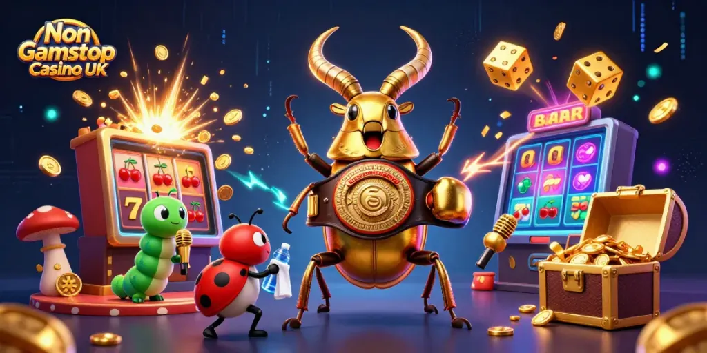 Engage with the dynamic scene of a Non Gamstop Casino UK featuring playful cartoon characters amidst a jackpot explosion.