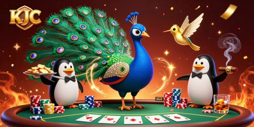 KJC poker scene with a jeweled peacock, penguin server, and sparkling chips celebrating wins