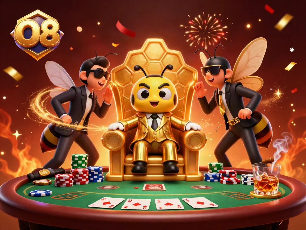 Experience thrilling poker strategies with O8's vibrant casino-themed illustration featuring a dynamic bumblebee boss.